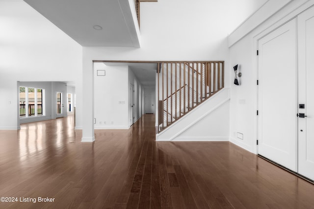 entryway with a towering ceiling and dark wood-type flooring