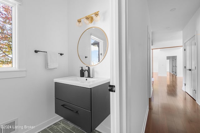 bathroom featuring vanity, hardwood / wood-style flooring, and a healthy amount of sunlight