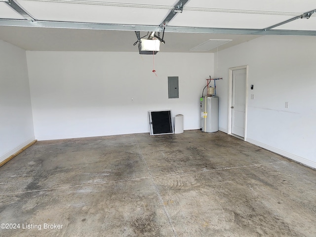 garage with electric panel, water heater, and a garage door opener