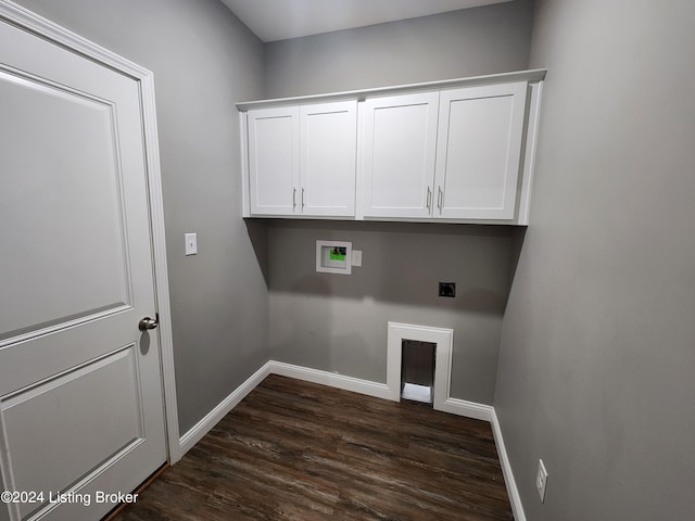 laundry area with dark wood-type flooring, washer hookup, cabinets, and hookup for an electric dryer