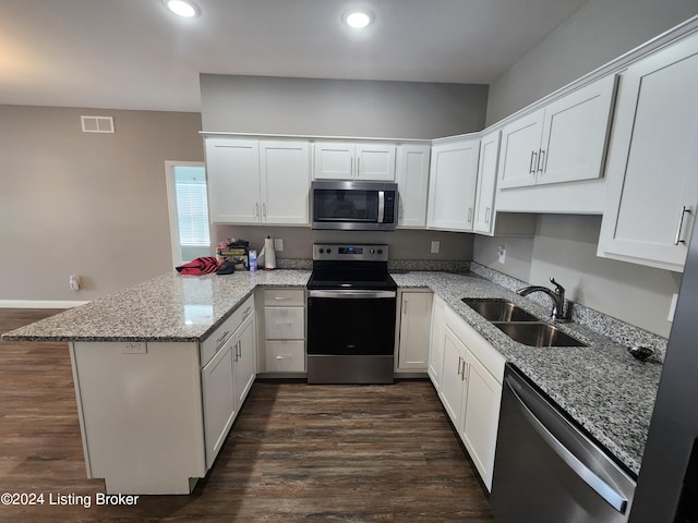 kitchen featuring stainless steel appliances, sink, kitchen peninsula, dark hardwood / wood-style floors, and white cabinets