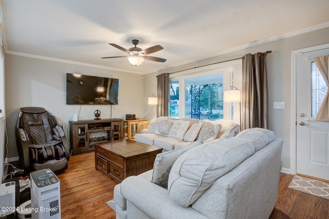 living room with crown molding, a healthy amount of sunlight, dark hardwood / wood-style floors, and ceiling fan