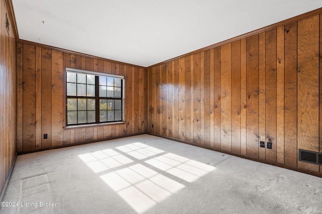 unfurnished room with wood walls and light colored carpet