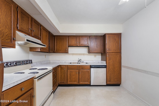 kitchen featuring dishwasher, sink, and white range with electric cooktop