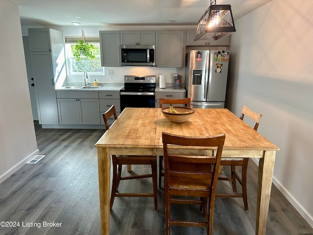 kitchen featuring stainless steel appliances, sink, gray cabinetry, pendant lighting, and dark hardwood / wood-style flooring