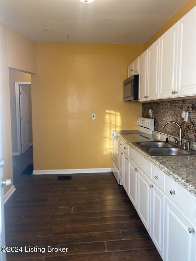 kitchen with white cabinetry, electric range, sink, and dark wood-type flooring