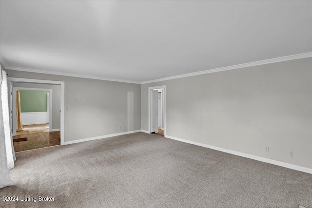 carpeted spare room featuring crown molding