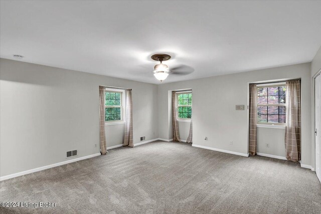 empty room featuring carpet flooring, a wealth of natural light, and ceiling fan