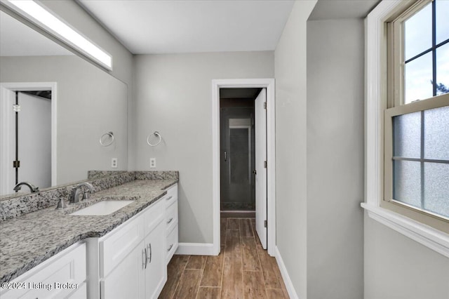 bathroom with vanity, hardwood / wood-style flooring, and a healthy amount of sunlight