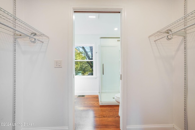 walk in closet with hardwood / wood-style flooring