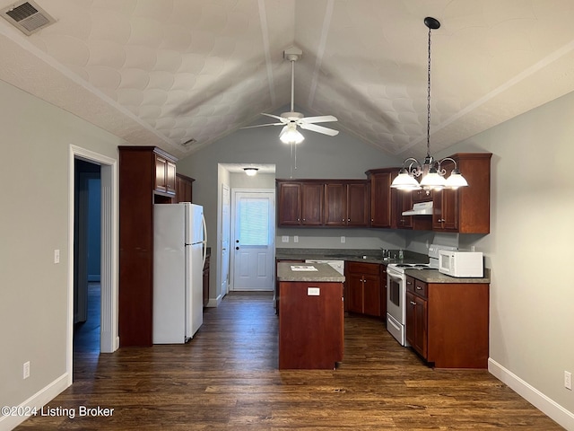 kitchen with ceiling fan with notable chandelier, hanging light fixtures, white appliances, a kitchen island, and dark hardwood / wood-style flooring