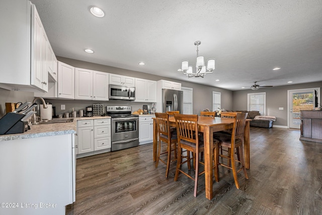 kitchen with white cabinetry, pendant lighting, dark hardwood / wood-style floors, and stainless steel appliances