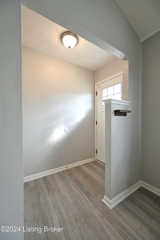 spare room featuring lofted ceiling and hardwood / wood-style flooring