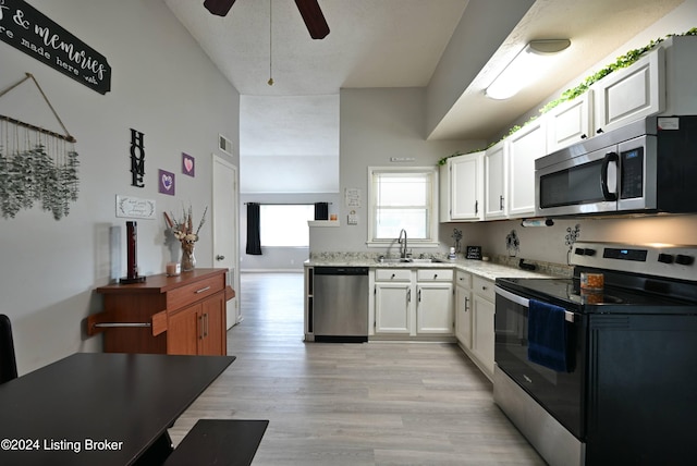 kitchen featuring white cabinets, light hardwood / wood-style floors, and stainless steel appliances