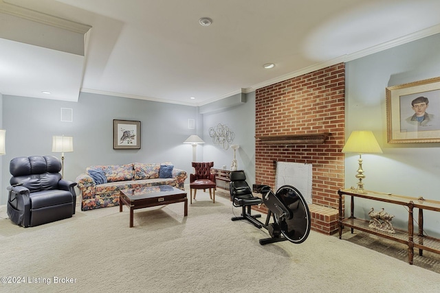 living room featuring ornamental molding, a fireplace, and carpet