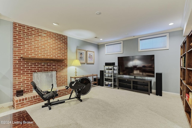 interior space featuring ornamental molding and carpet floors