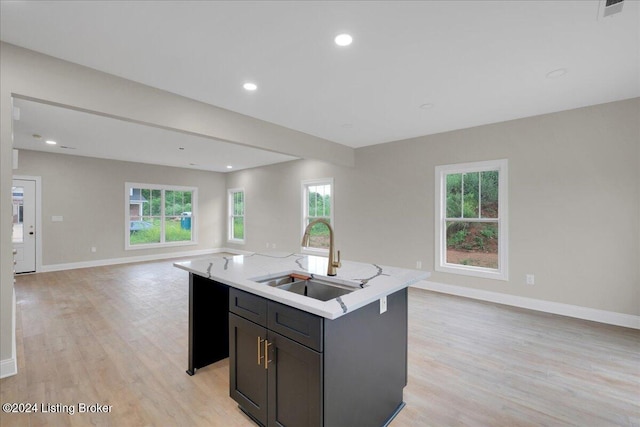 kitchen with light wood-type flooring, sink, an island with sink, and plenty of natural light