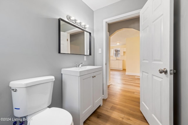 bathroom featuring toilet, vanity, and hardwood / wood-style flooring