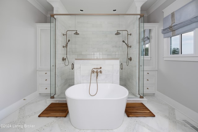 bathroom with independent shower and bath and crown molding