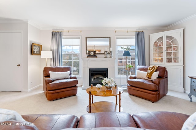 living room with a wealth of natural light, carpet floors, and crown molding