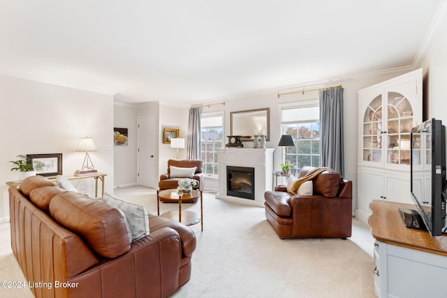 living room featuring light colored carpet and crown molding