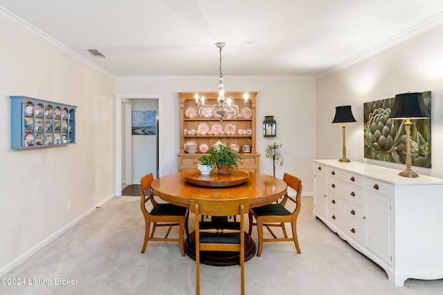 carpeted dining area with crown molding