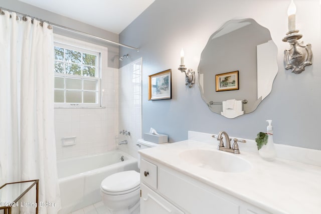 full bathroom featuring tile patterned floors, vanity, toilet, and shower / bath combination with curtain