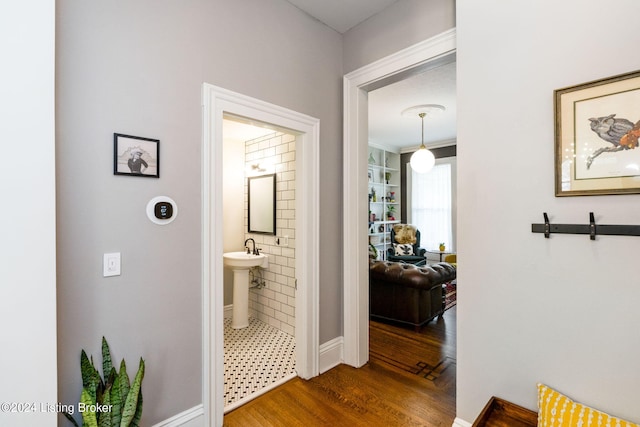 hall with wood-type flooring, sink, and crown molding