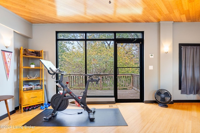 workout room featuring a wealth of natural light, wood ceiling, and hardwood / wood-style floors