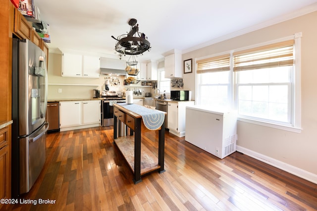 kitchen with white cabinetry, stainless steel appliances, and dark hardwood / wood-style floors