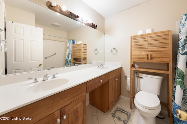 bathroom featuring radiator heating unit, walk in shower, vanity, tile patterned flooring, and toilet