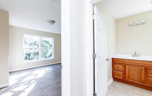 bathroom featuring vanity and hardwood / wood-style flooring