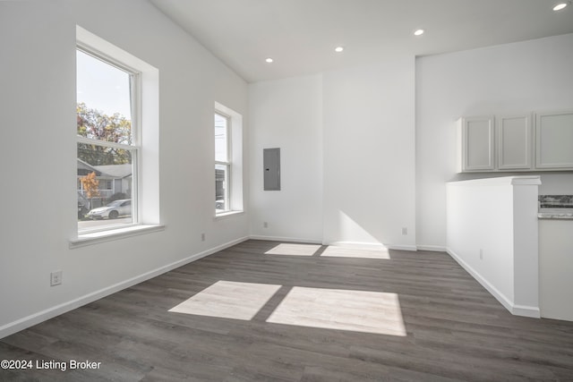 unfurnished living room featuring dark hardwood / wood-style flooring and electric panel