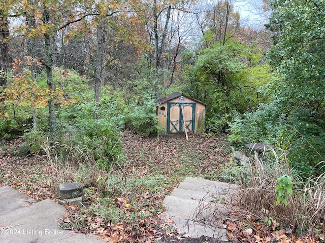 view of yard with a storage shed