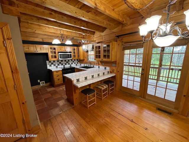 kitchen featuring hardwood / wood-style flooring, beamed ceiling, kitchen peninsula, tile counters, and decorative backsplash