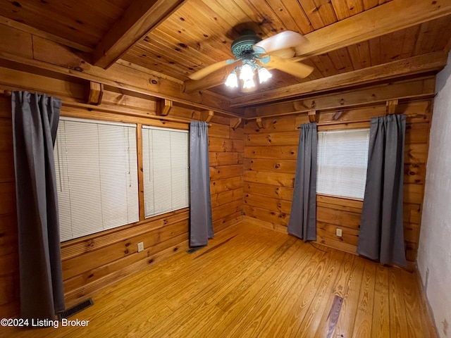 unfurnished bedroom with wood walls, wooden ceiling, beam ceiling, and light wood-type flooring