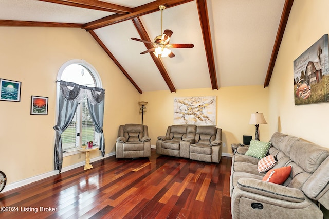 living room featuring high vaulted ceiling, plenty of natural light, ceiling fan, and dark hardwood / wood-style flooring