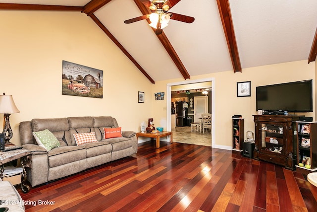 living room with high vaulted ceiling, dark wood-type flooring, beamed ceiling, and ceiling fan