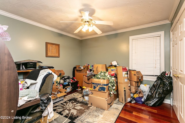 home office with ceiling fan, wood-type flooring, and crown molding