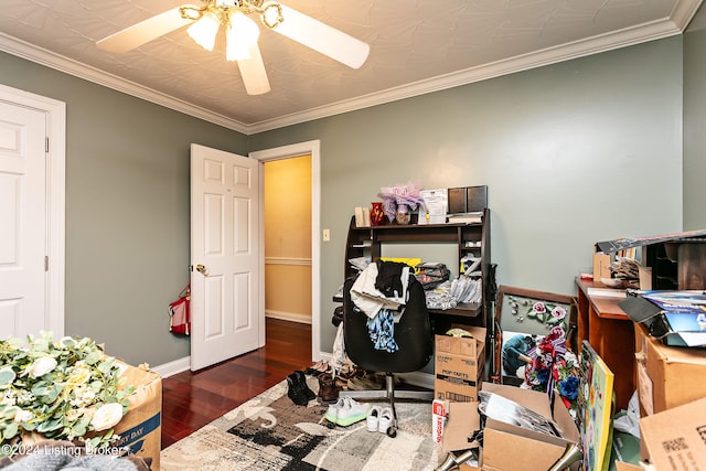 office area with crown molding, dark hardwood / wood-style floors, and ceiling fan