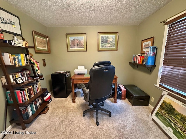 office featuring a textured ceiling and light colored carpet