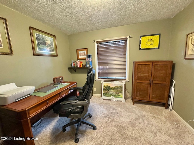 carpeted home office with a textured ceiling