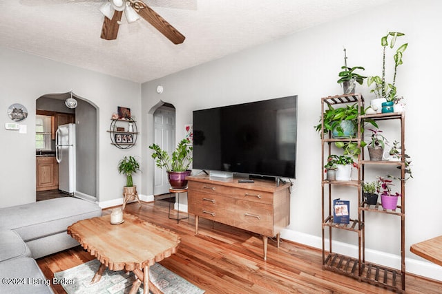 living room featuring a textured ceiling, ceiling fan, and light hardwood / wood-style flooring