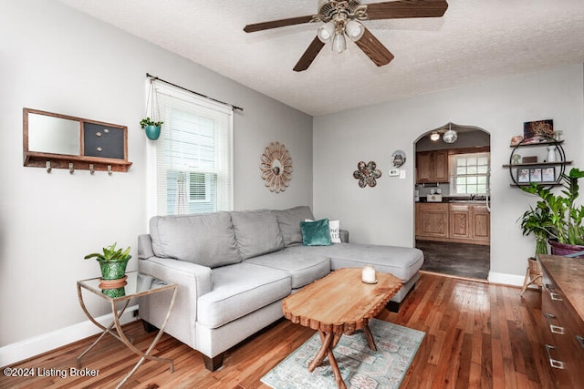 living room featuring a textured ceiling, wood-type flooring, ceiling fan, and sink