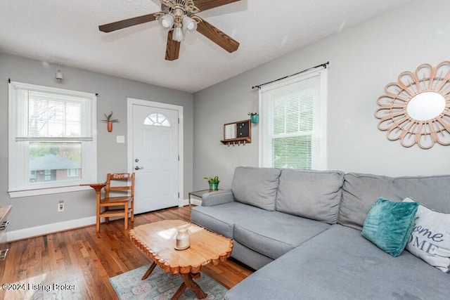 living room with wood-type flooring, ceiling fan, and a textured ceiling