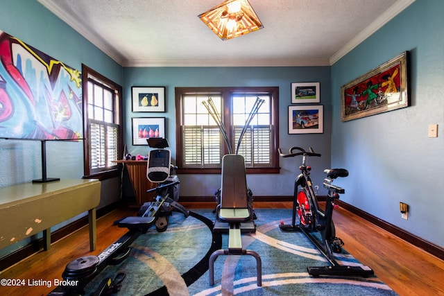 exercise area featuring ornamental molding, hardwood / wood-style floors, and a textured ceiling