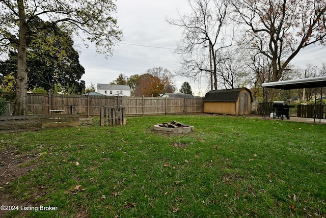 view of yard featuring a fire pit and a shed