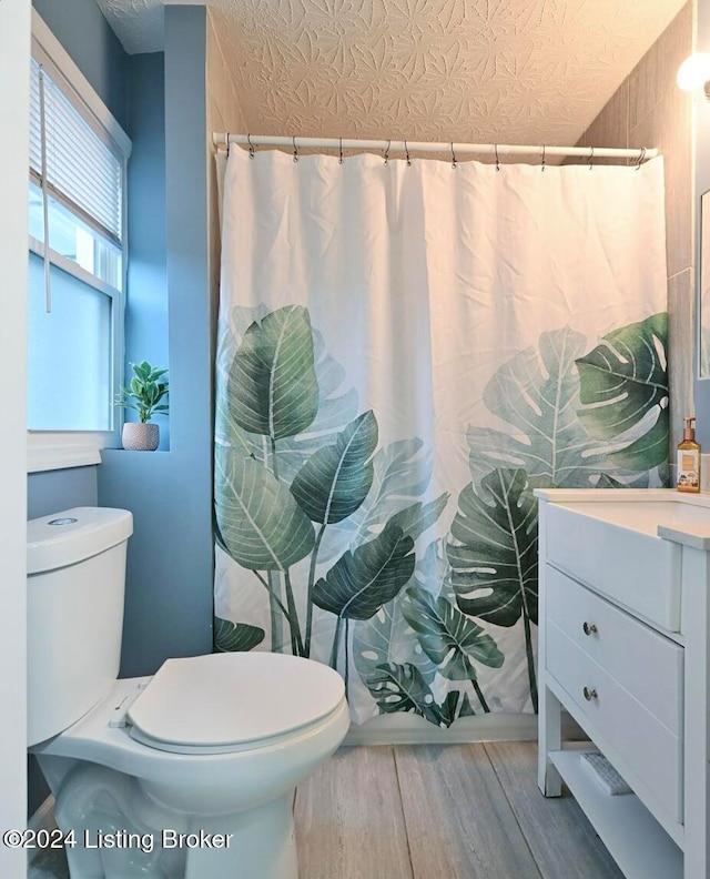 bathroom featuring hardwood / wood-style floors, vanity, toilet, and a shower with curtain