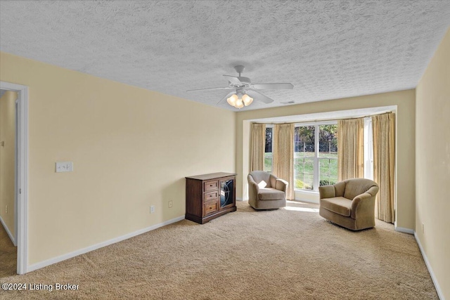 living area with light colored carpet and a textured ceiling