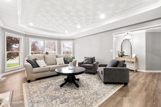 living room featuring a tray ceiling, hardwood / wood-style flooring, and ornamental molding